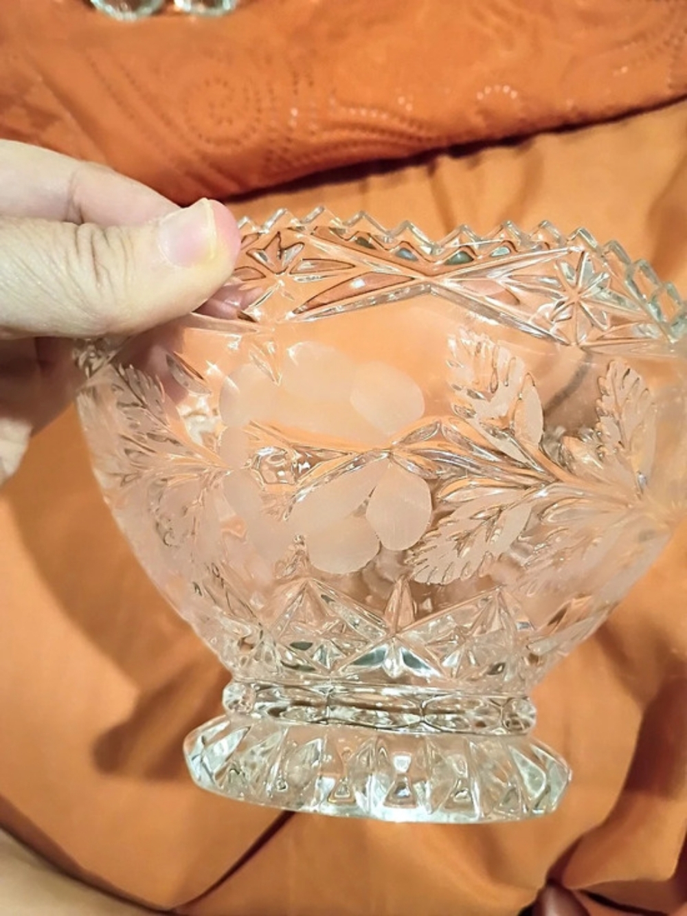 Clear Cut Glass Floral Pedestal Bowl